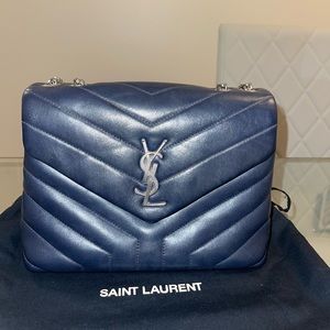 Saint Laurent Small Loulou Matelassé Leather Shoulder Bag in Navy Silver